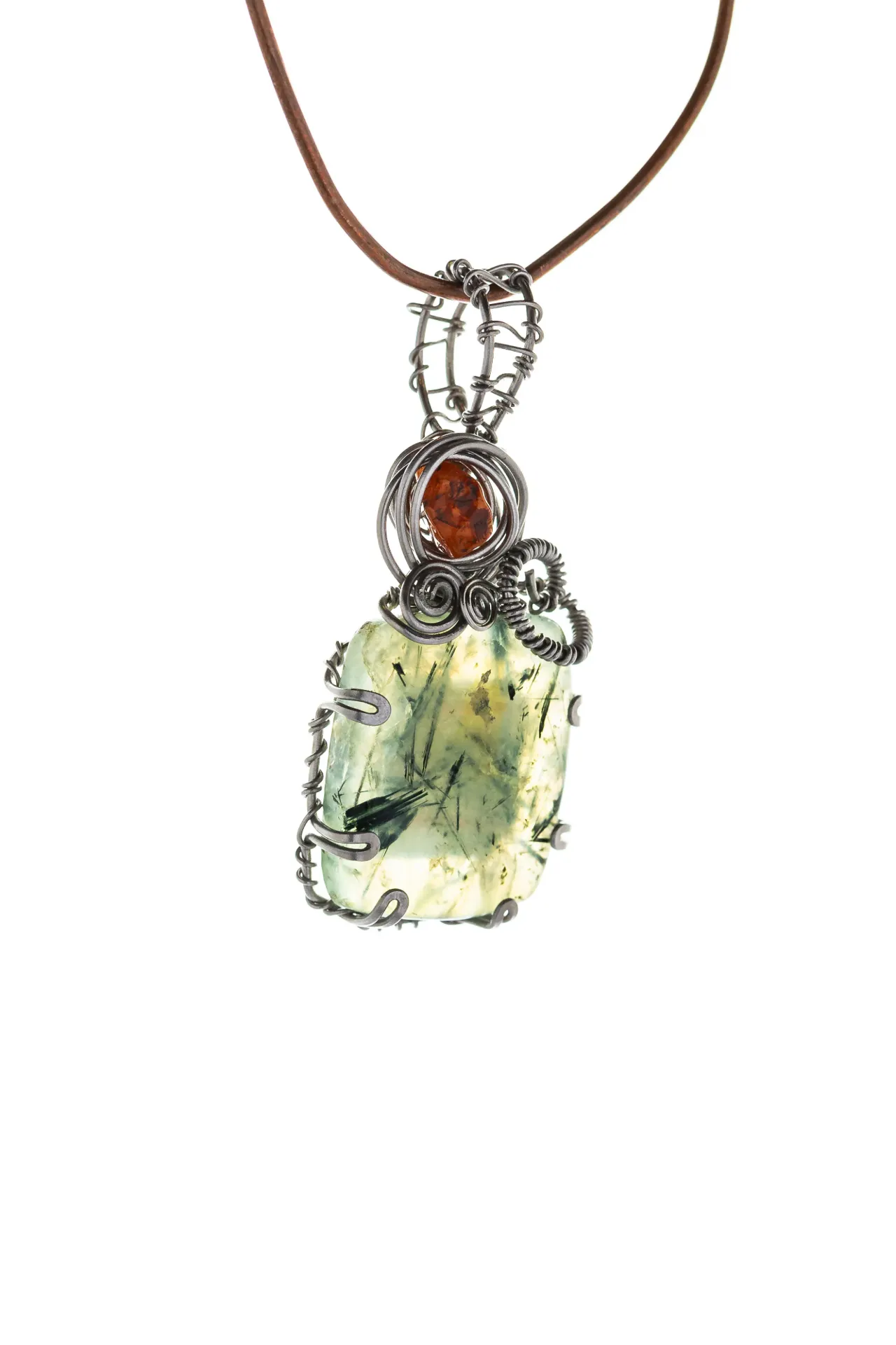 [DI-AC-PR-002] Aurora Verde — Dije de prehnita y ágata naranja