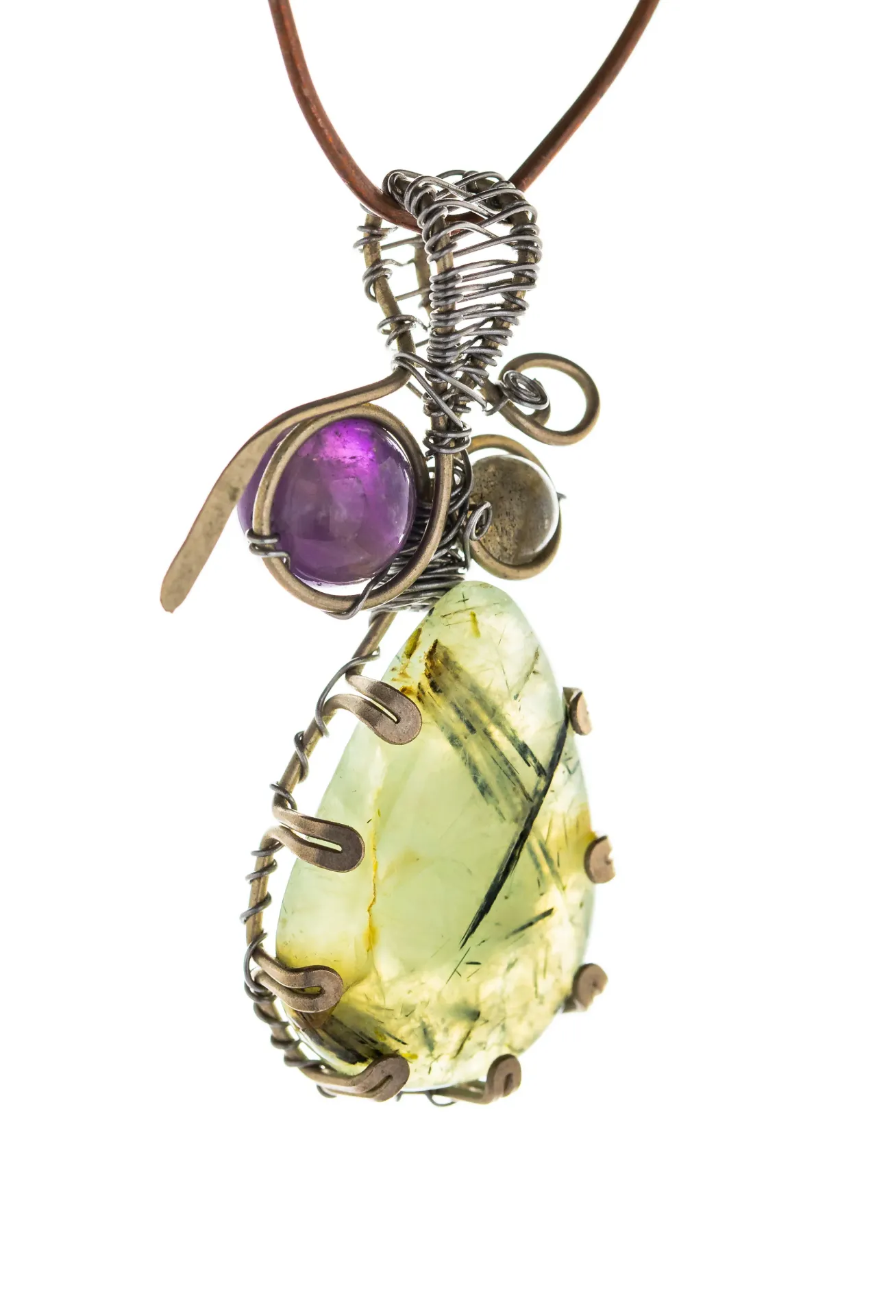Boreal Drop — Prehnite, amethyst, and labradorite charm
