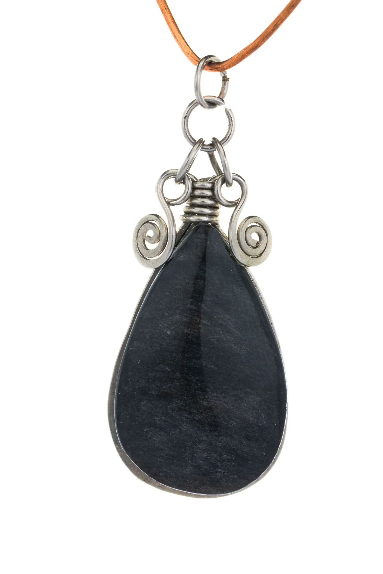 [DI-AC-OB-082] Gota de Noche — Dije de obsidiana plateada y acero inoxidable